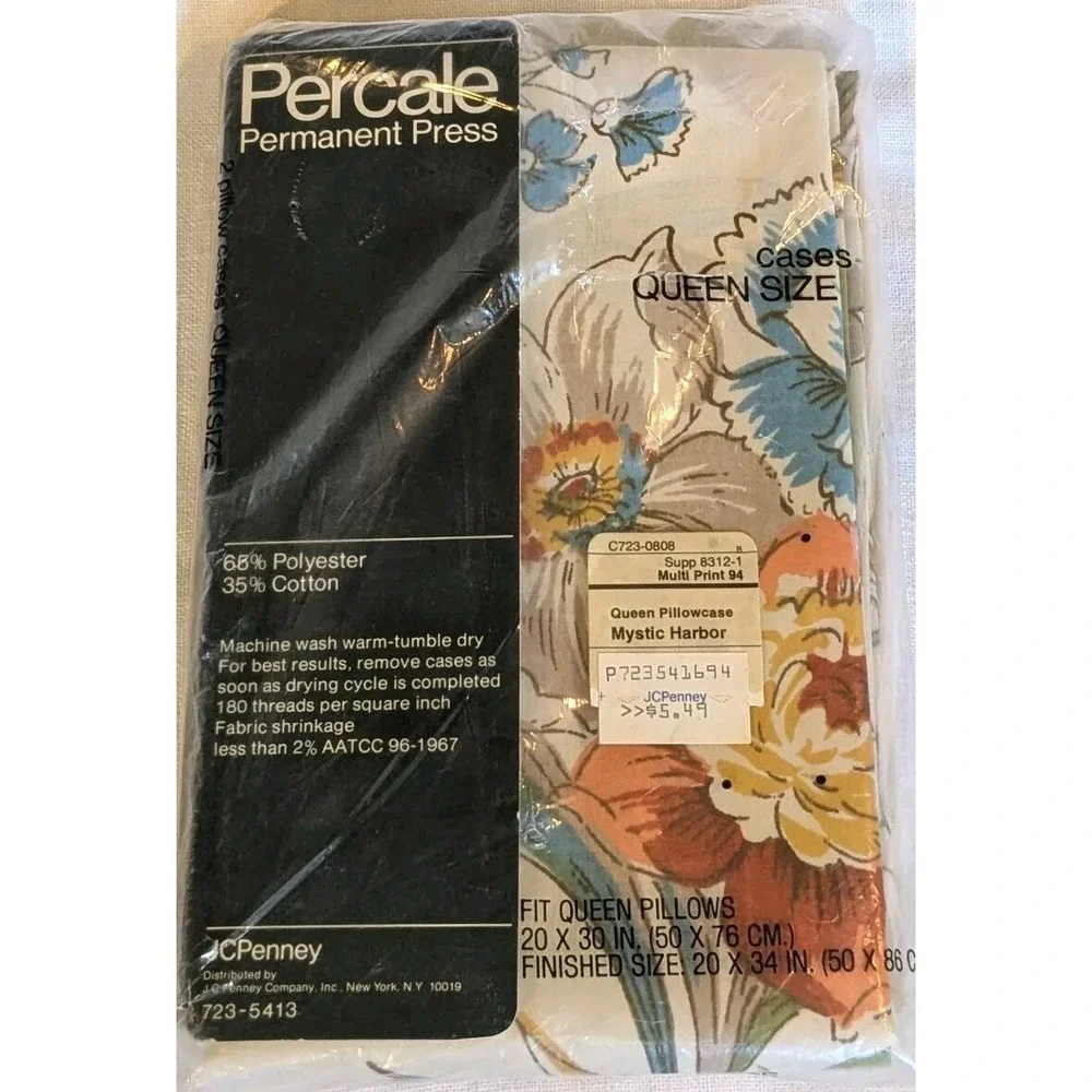 NOS Queen Pillowcases Set Of 2 Percale Floral JC Penney Mystic Harbor Linens Vtg